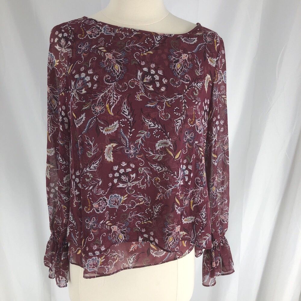 White House Black Market Maroon Paisley Floral Top Size 0 Chiffon Flare Cuff